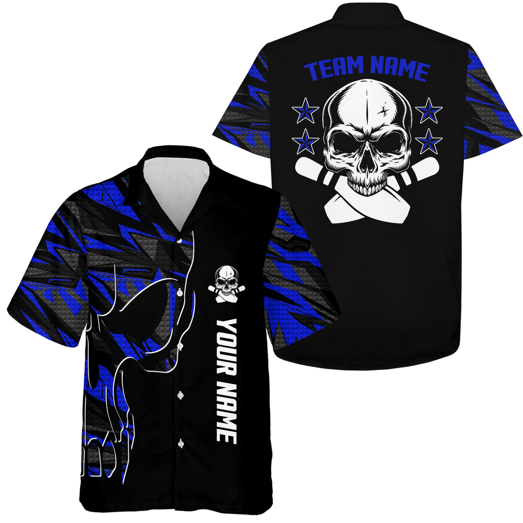 Bowling Hawaiian Shirt custom name and team name Skull Bowling, team bowling shirts | Blue NQS4553