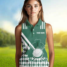 Load image into Gallery viewer, Green and White argyle shamrock St Patrick Day Women sleeveless polo shirt Custom Women golf clothing NQS9384