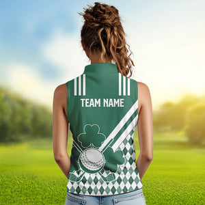 Green and White argyle shamrock St Patrick Day Women sleeveless polo shirt Custom Women golf clothing NQS9384