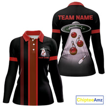Load image into Gallery viewer, Black and Red ufo alien Retro Bowling Polo, Quarter Zip Shirts for Women Custom Bowling Team Jersey NQS11463