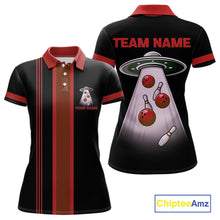 Load image into Gallery viewer, Black and Red ufo alien Retro Bowling Polo, Quarter Zip Shirts for Women Custom Bowling Team Jersey NQS11463