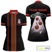 Load image into Gallery viewer, Black and Red ufo alien Retro Bowling Polo, Quarter Zip Shirts for Women Custom Bowling Team Jersey NQS11463