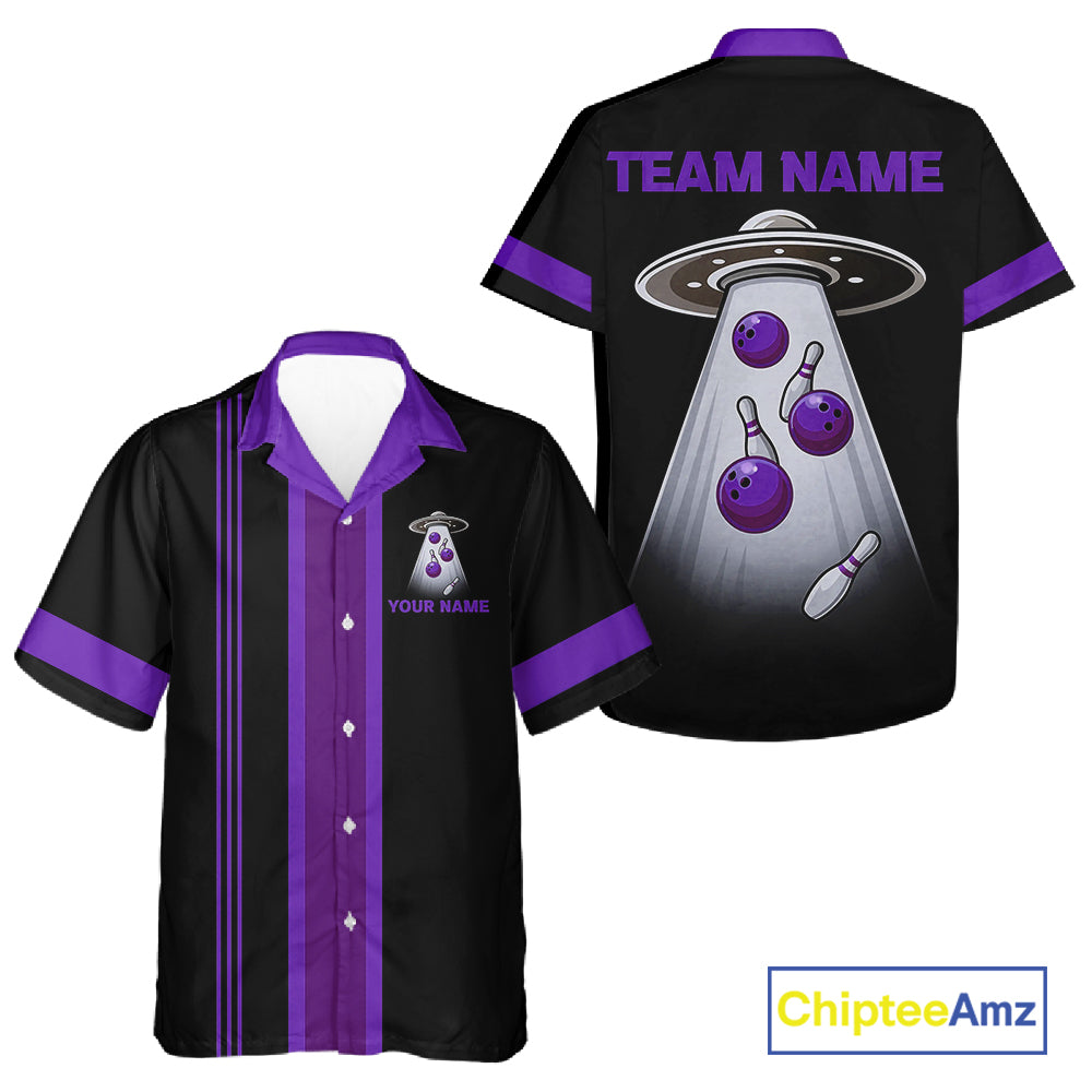 Black and Purple ufo alien Retro Bowling Hawaiian shirt Custom Bowling Team button up shirt NQS11464