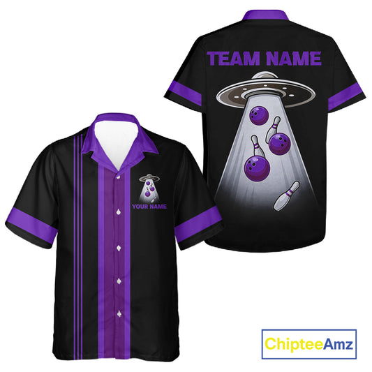 Black and Purple ufo alien Retro Bowling Hawaiian shirt Custom Bowling Team button up shirt NQS11464