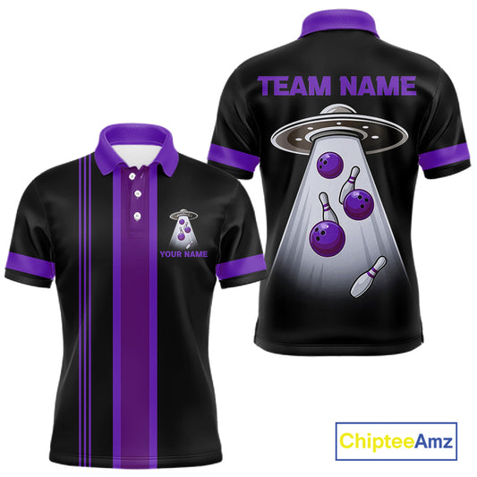 Black and Purple ufo alien Retro Bowling Polo, Quarter Zip Shirts for men Custom Bowling Team Jersey NQS11464