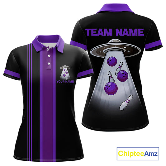 Black and Purple ufo alien Retro Bowling Polo, Quarter Zip Shirt for Women Custom Bowling Team Jersey NQS11464