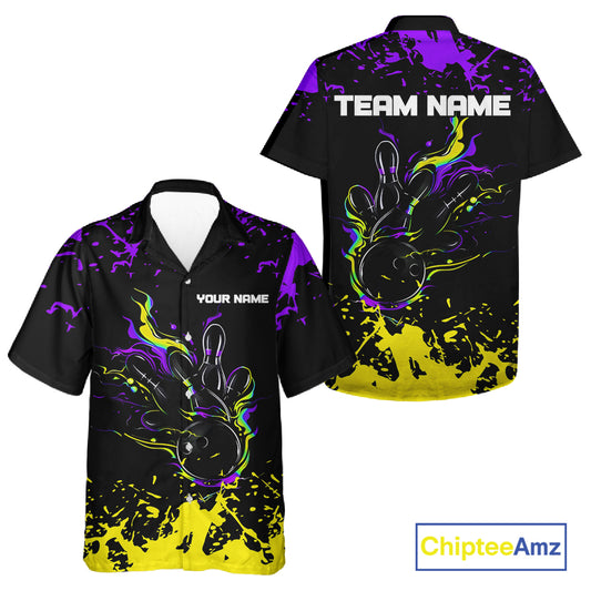Personalized Black, Purple and Yellow Bowling Hawaiian Shirt, Bowling Ball & Pins Bowling Team Shirts NQS11466