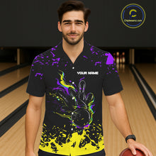 Load image into Gallery viewer, Personalized Black, Purple and Yellow Bowling Hawaiian Shirt, Bowling Ball &amp; Pins Bowling Team Shirts NQS11466
