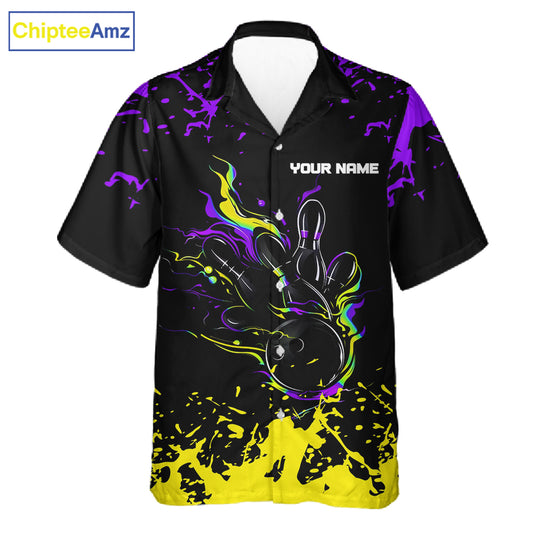 Personalized Black, Purple and Yellow Bowling Hawaiian Shirt, Bowling Ball & Pins Bowling Team Shirts NQS11466