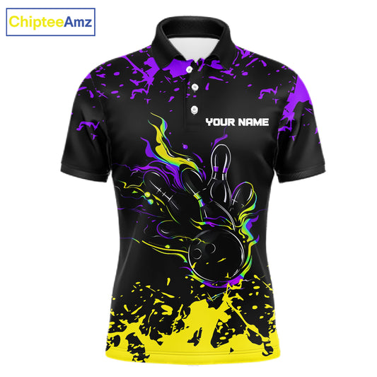 Personalized Black, Purple & Yellow Bowling Shirts For Men, Bowling Balls And Pins Bowling Team Shirt NQS11466