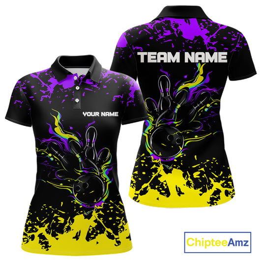 Personalized Black, Purple & Yellow Bowling Shirts For Women, Bowling Balls & Pins Bowling Team Shirt NQS11466