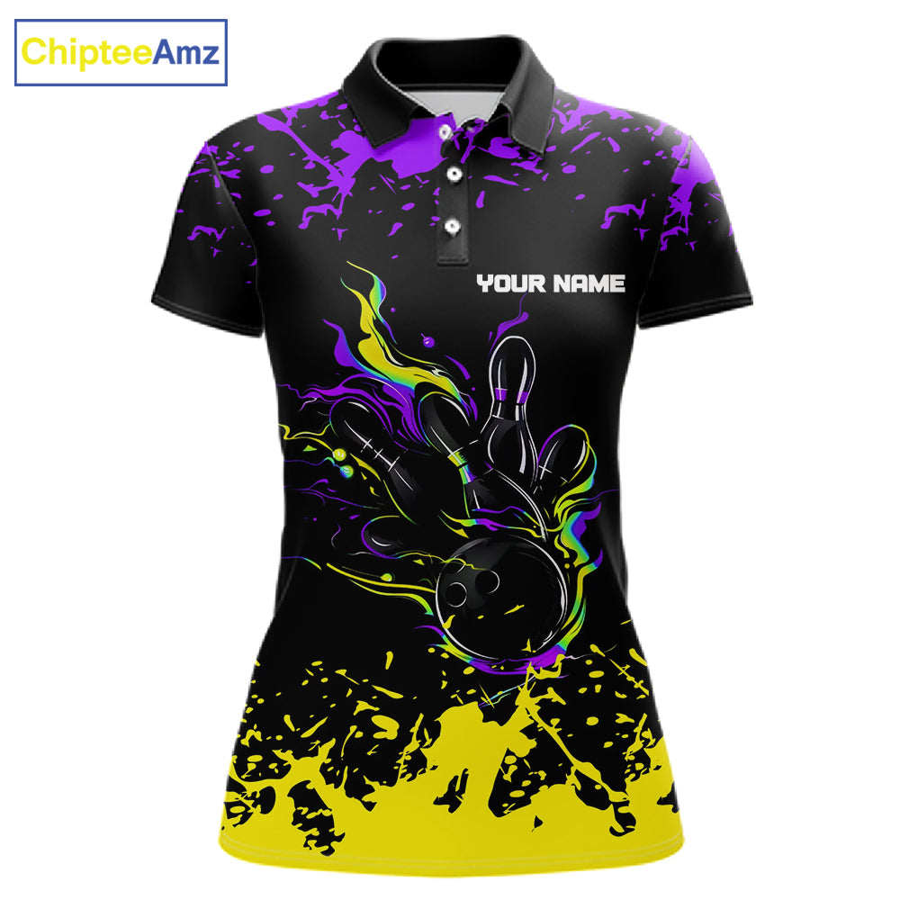 Personalized Black, Purple & Yellow Bowling Shirts For Women, Bowling Balls & Pins Bowling Team Shirt NQS11466