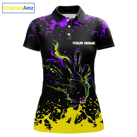 Personalized Black, Purple & Yellow Bowling Shirts For Women, Bowling Balls & Pins Bowling Team Shirt NQS11466