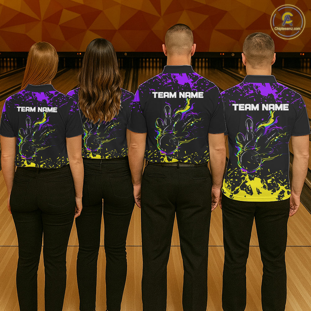 Personalized Black, Purple & Yellow Bowling Shirts For Men, Bowling Balls And Pins Bowling Team Shirt NQS11466