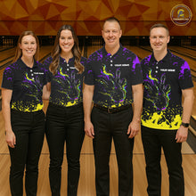 Load image into Gallery viewer, Personalized Black, Purple &amp; Yellow Bowling Shirts For Women, Bowling Balls &amp; Pins Bowling Team Shirt NQS11466
