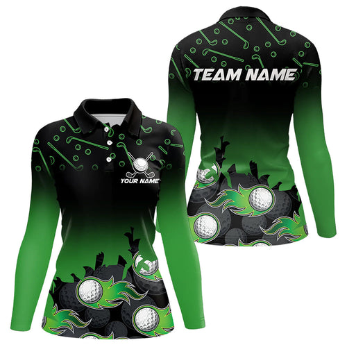 Black and Green Flame golf ball pattern Women golf polo shirts Customize team golf attire for women NQS9524