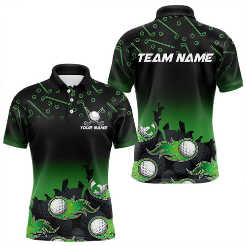 Black and Green Flame golf ball pattern Men golf polo shirts Custom team golf attire for men NQS9524