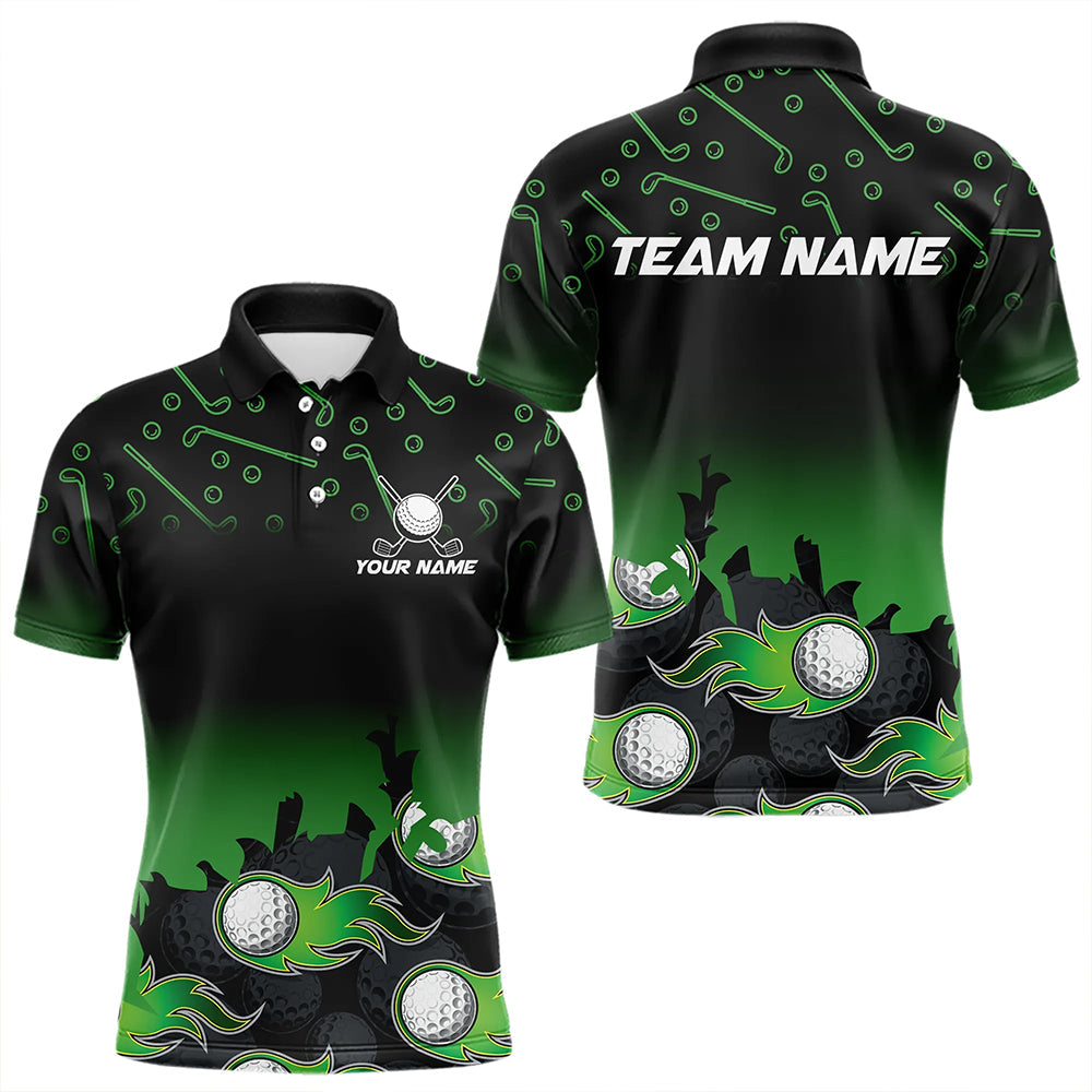 Black and Green Flame golf ball pattern Men golf polo shirts Custom team golf attire for men NQS9524