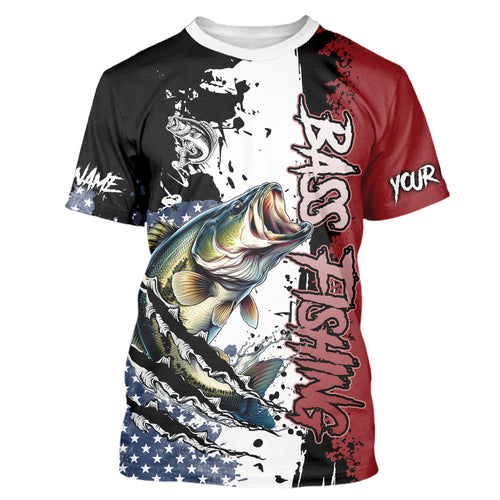 Red, white and blue Largemouth Bass fishing American Flag Custom patriotic Bass fishing shirts NQS9530