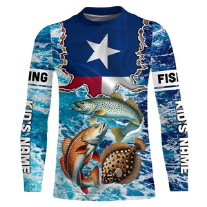 Texas Flag Redfish, trout, flounder inshore blue camo custom long sleeves performance fishing shirts NQS5464