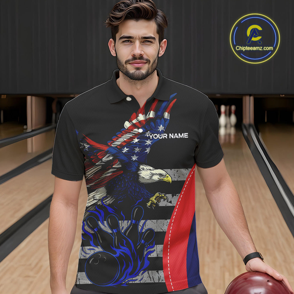 Eagle American Flag Custom Flame Bowling Team Shirts For Men, Patriotic Bowling Uniform NQS9971