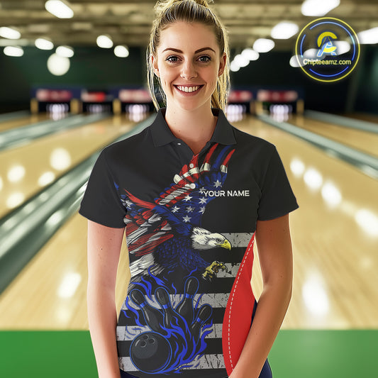 Eagle American Flag Custom Flame Bowling Team Shirts For Women, Patriotic Bowling Uniform NQS9971