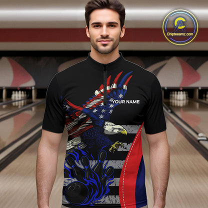 Eagle American Flag Custom Flame Bowling Team Shirts For Men, Patriotic Bowling Uniform NQS9971