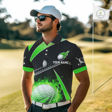 Load image into Gallery viewer, Black and Green Fire golf ball custom Men golf polo shirts, personalized golf outfits for team men NQS10123