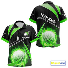 Load image into Gallery viewer, Black and Green Fire golf ball custom Kid golf polo shirts, personalized kid golf outfits for team NQS10123