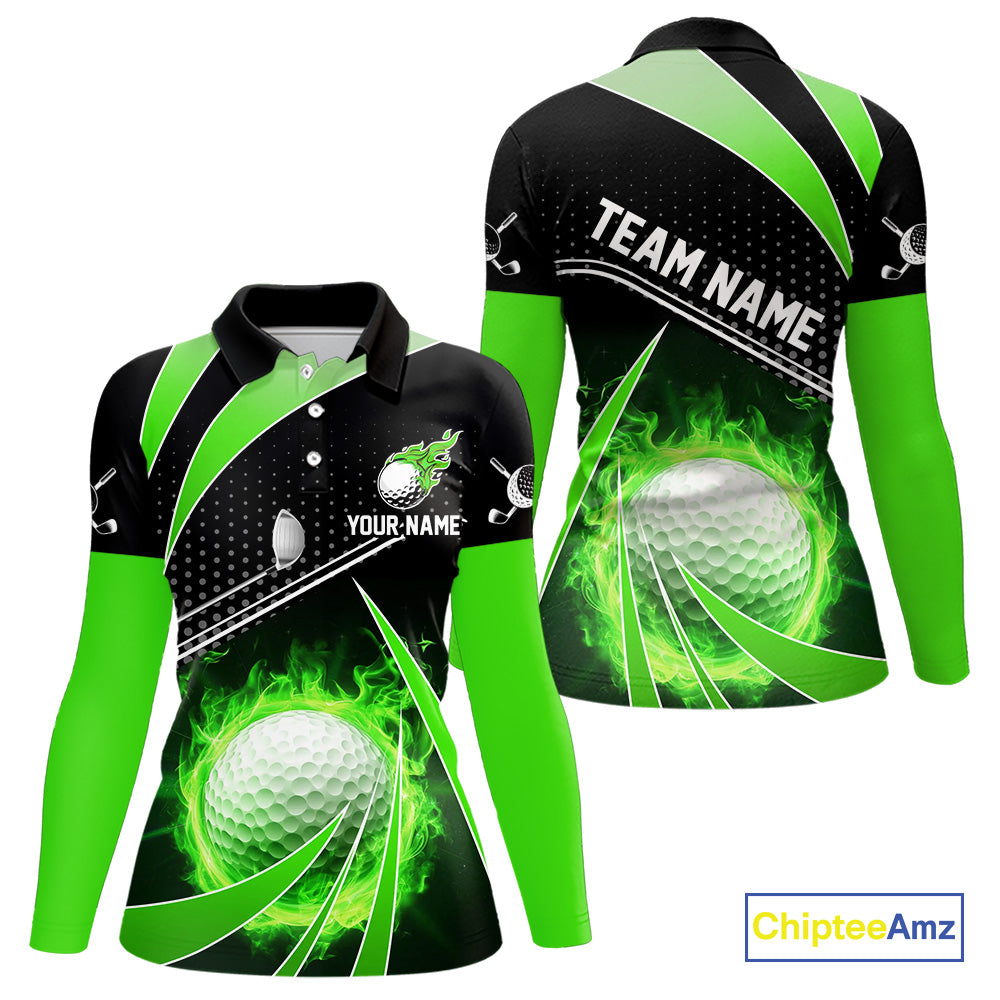 Black and Green Fire golf ball custom Women golf polo shirt, personalized ladies golf outfit for team NQS10123