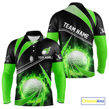 Load image into Gallery viewer, Black and Green Fire golf ball custom Men golf polo shirts, personalized golf outfits for team men NQS10123