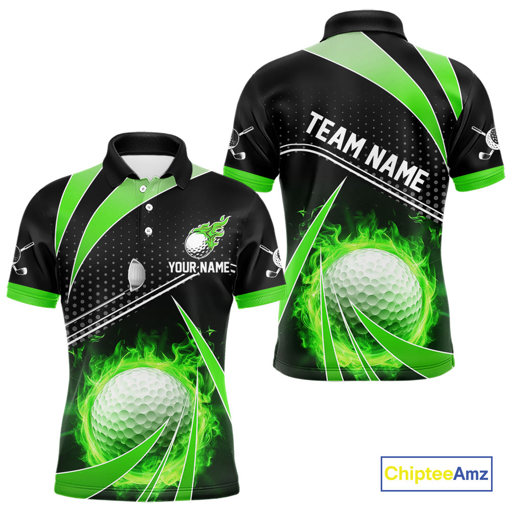 Black and Green Fire golf ball custom Men golf polo shirts, personalized golf outfits for team men NQS10123