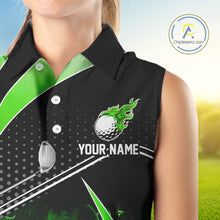 Load image into Gallery viewer, Black and Green Fire golf ball custom Women sleeveless polo shirt, personalized golf outfits for team NQS10123