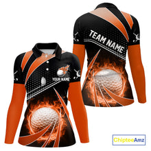 Load image into Gallery viewer, Black &amp; Orange Fire golf ball custom Women golf polo shirt, personalized ladies golf outfit for team NQS10124