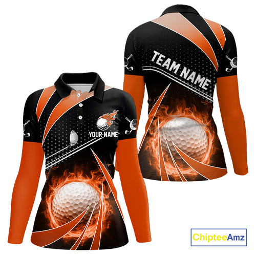 Black & Orange Fire golf ball custom Women golf polo shirt, personalized ladies golf outfit for team NQS10124