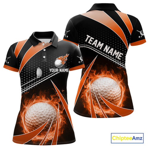 Black & Orange Fire golf ball custom Women golf polo shirt, personalized ladies golf outfit for team NQS10124
