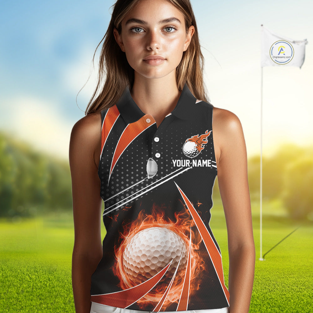 Black and Orange Fire golf ball custom Women sleeveless polo shirt, personalized golf outfit for team NQS10124