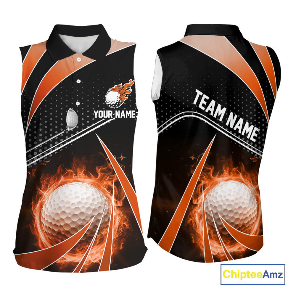 Black and Orange Fire golf ball custom Women sleeveless polo shirt, personalized golf outfit for team NQS10124