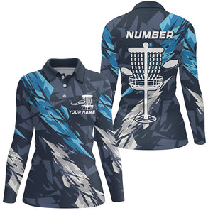 Blue camo Disc golf basket custom team disc golf polo shirt for women, frisbee golf attire NQS8059