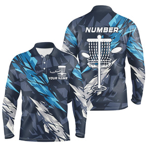 Blue camo Disc golf basket custom team disc golf polo shirt for Men, frisbee golf attire NQS8059