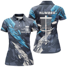 Load image into Gallery viewer, Blue camo Disc golf basket custom team disc golf polo shirt for women, frisbee golf attire NQS8059