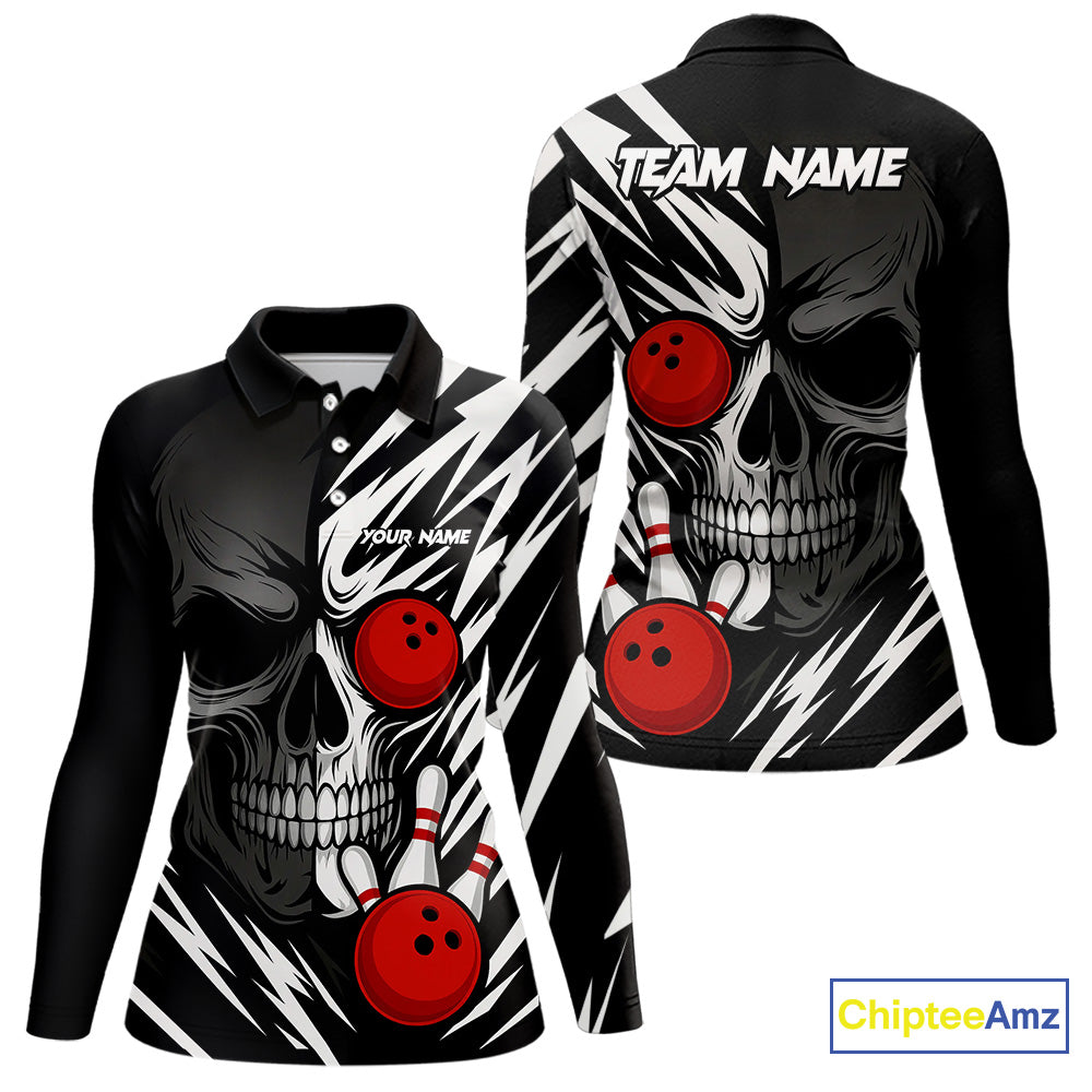 Black and White Skull Bowling Polo, Quarter Zip shirts for Women Custom Skull Team Bowling Jerseys NQS10261