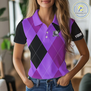 Womens golf polos shirts custom purple and black golf argyle plaid pattern, personalized golf gifts NQS10653