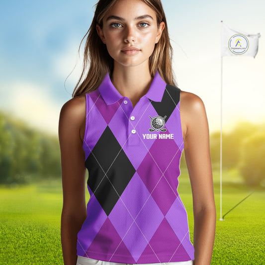 Women Sleeveless Polo Shirt custom purple and black golf argyle plaid pattern, personalized golf gift NQS10653