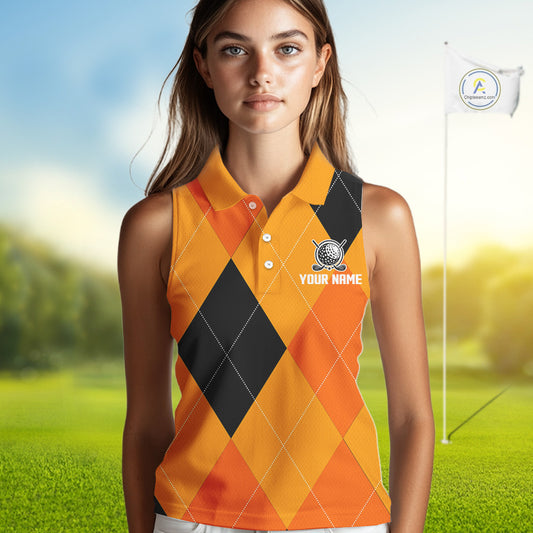 Women Sleeveless Polo Shirt custom orange and black golf argyle plaid pattern Halloween golf gifts NQS10654