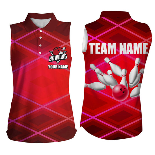 Women Sleeveless Polo Shirt Custom neon red bowling team league jerseys, gifts for bowlers NQS8714