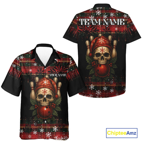 Black & Red Plaid Christmas pattern Skull Hawaiian bowling jersey Custom Team Bowling outfit jersey NQS11057