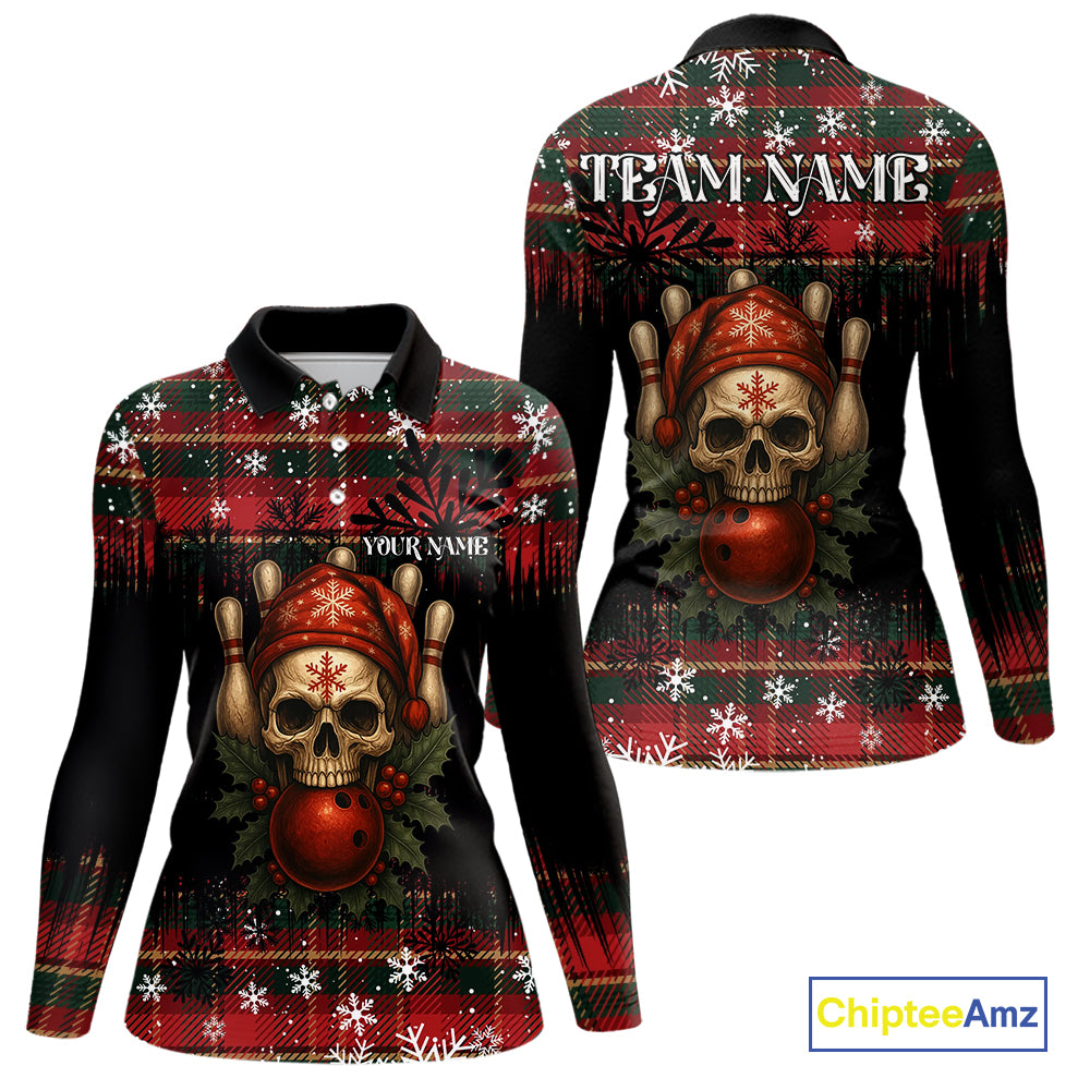 Black & Red Plaid Christmas pattern Skull Bowling Shirts For Women Custom Team Bowling outfit jersey NQS11057