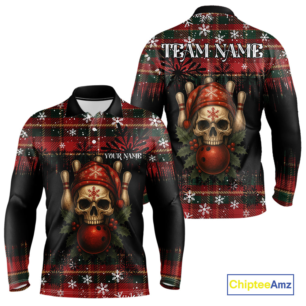 Black & Red Plaid Christmas pattern Skull Bowling Shirts For Men Custom Team Bowling outfit jerseys NQS11057