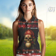 Load image into Gallery viewer, Black and Red Plaid Christmas pattern Skull Sleeveless Polo Shirt Custom Ladies Golf outfits NQS11058